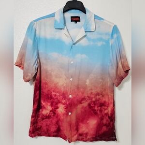 Pleasures Cloud Print Button Up Shirt Men M Rayon Gradient Streetwear Camp Shirt